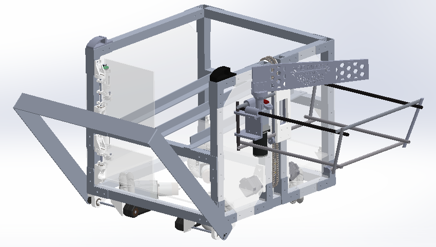 The CAD model of B.A.M., with the release fence folded out at the back.